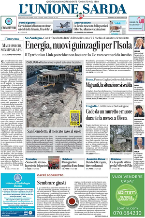 Prima pagina L'Unione Sarda di oggi - Quotidiano regionale