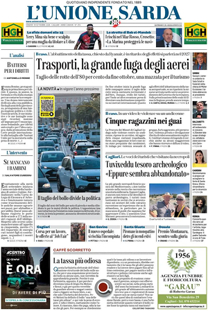 Prima pagina L'Unione Sarda di oggi - Quotidiano regionale