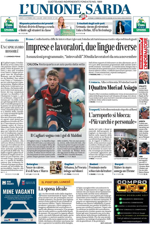 Prima pagina L'Unione Sarda di oggi - Quotidiano regionale