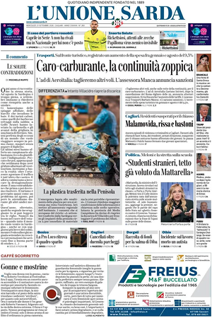 Prima pagina L'Unione Sarda di oggi - Quotidiano regionale