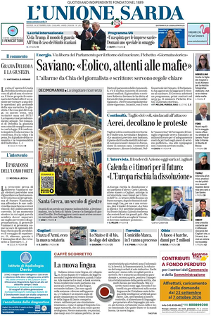 Prima pagina L'Unione Sarda di oggi - Quotidiano regionale