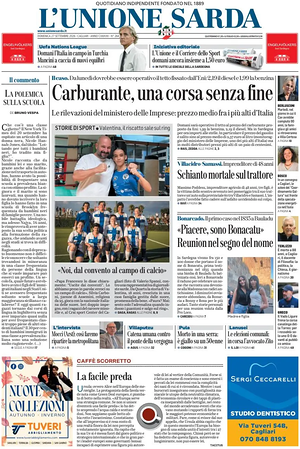 Prima pagina L'Unione Sarda di oggi - Quotidiano regionale