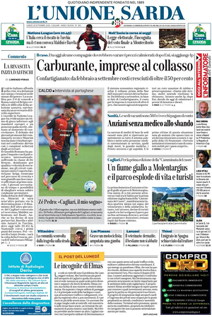 Prima pagina L'Unione Sarda di oggi - Quotidiano regionale