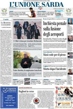 Prima pagina L'Unione Sarda di oggi - Quotidiano regionale