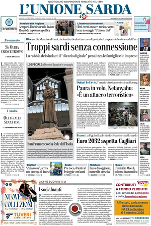 Prima pagina L'Unione Sarda di oggi - Quotidiano regionale