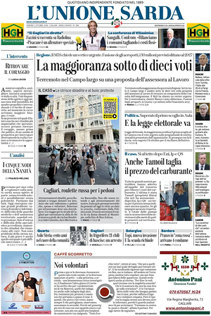 Prima pagina L'Unione Sarda di oggi - Quotidiano regionale