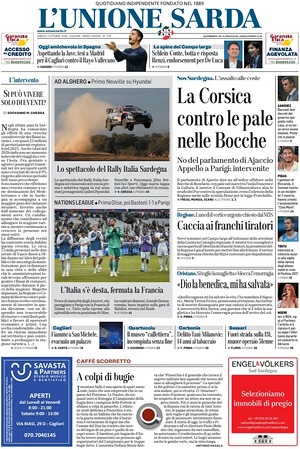 Prima pagina L'Unione Sarda di oggi - Quotidiano regionale