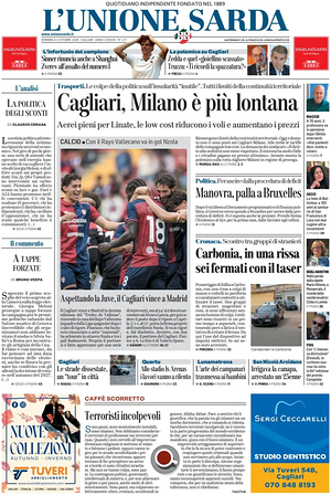 Prima pagina L'Unione Sarda di oggi - Quotidiano regionale