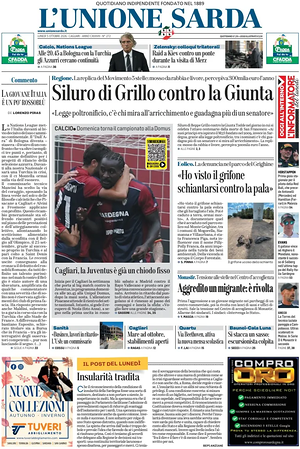 Prima pagina L'Unione Sarda di oggi - Quotidiano regionale