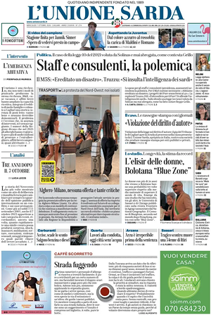 Prima pagina L'Unione Sarda di oggi - Quotidiano regionale