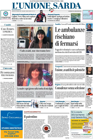 Prima pagina L'Unione Sarda di oggi - Quotidiano regionale