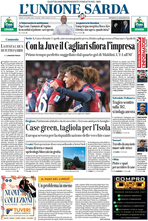 Prima pagina L'Unione Sarda di oggi - Quotidiano regionale