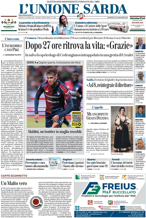 Prima pagina L'Unione Sarda di oggi - Quotidiano regionale