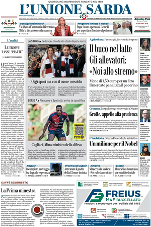 Prima pagina L'Unione Sarda di oggi - Quotidiano regionale