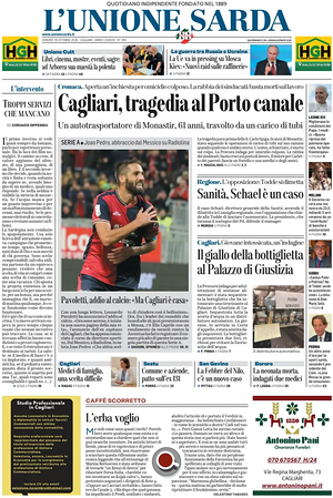 Prima pagina L'Unione Sarda di oggi - Quotidiano regionale