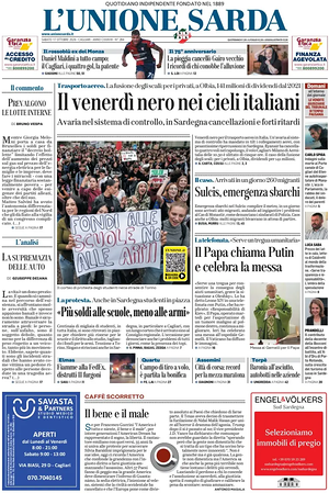 Prima pagina L'Unione Sarda di oggi - Quotidiano regionale