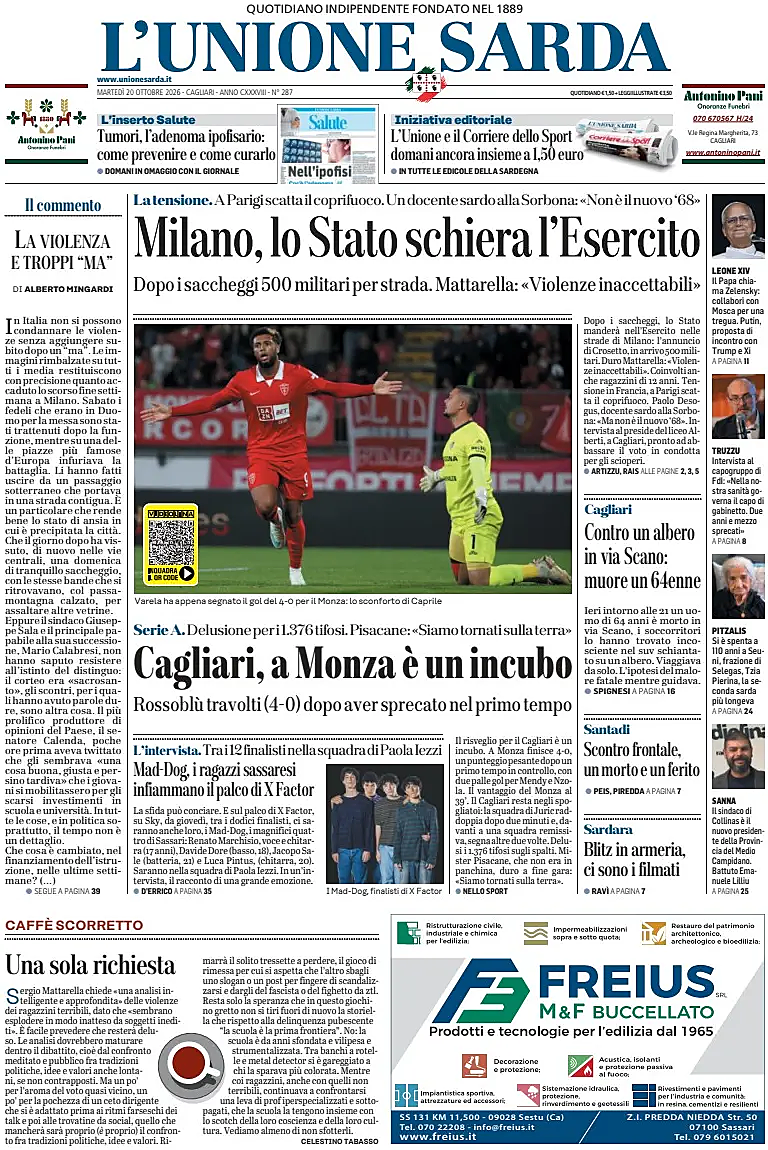 Prima pagina L'Unione Sarda di oggi - Edicola 20 Ottobre 2026