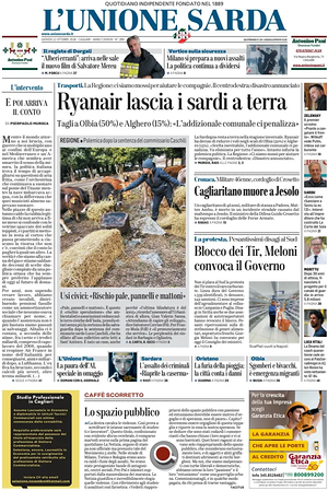 Prima pagina L'Unione Sarda di oggi - Quotidiano regionale