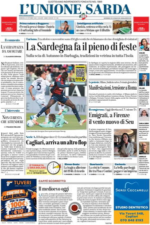 Prima pagina L'Unione Sarda di oggi - Quotidiano regionale
