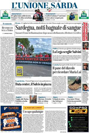 Prima pagina L'Unione Sarda di oggi - Quotidiano regionale