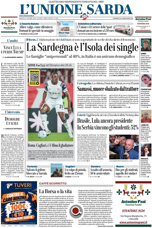 Prima pagina L'Unione Sarda di oggi - Quotidiano regionale