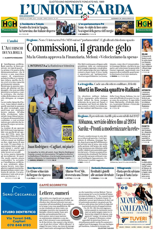 Prima pagina L'Unione Sarda di oggi - Quotidiano regionale