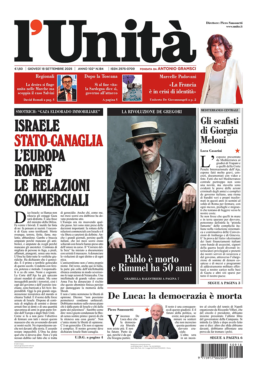 Prima pagina L'Unità di oggi - Edicola 18 Settembre 2025