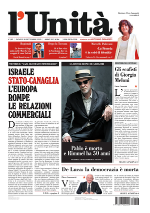 Prima pagina L'Unità di oggi - Quotidiano nazionale
