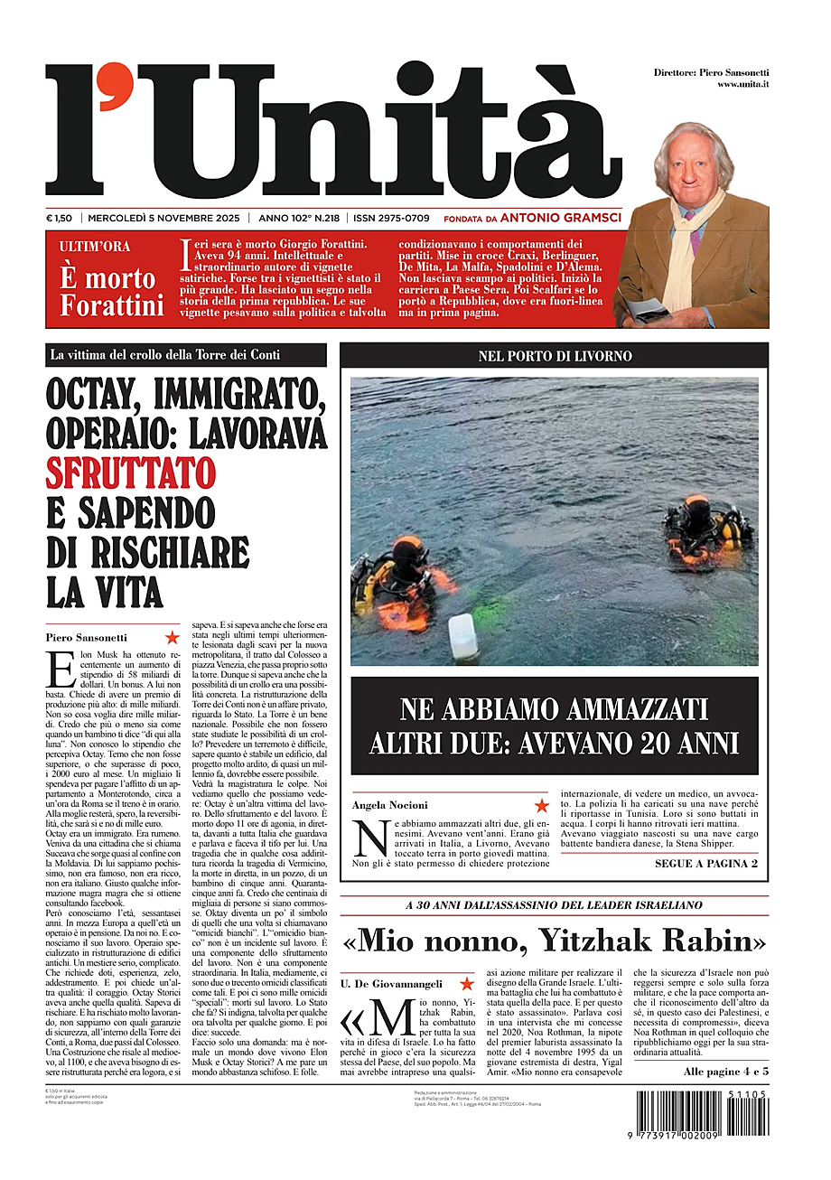 Prima pagina L'Unità di oggi - Edicola 5 Novembre 2025