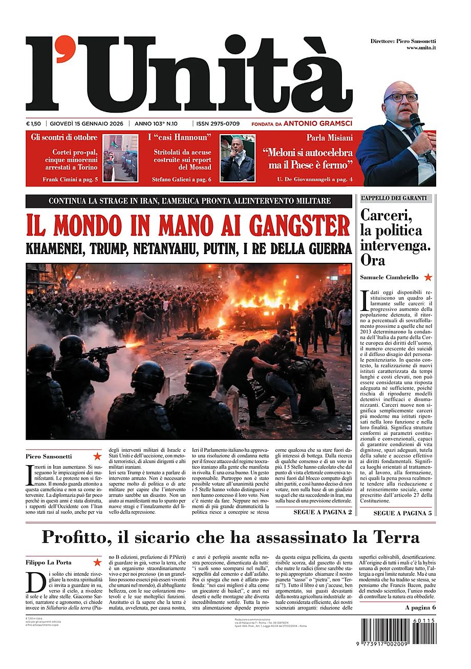 Prima pagina L'Unità di oggi - Edicola 15 Gennaio 2026