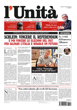 Prima pagina L'Unità di oggi - Quotidiano nazionale