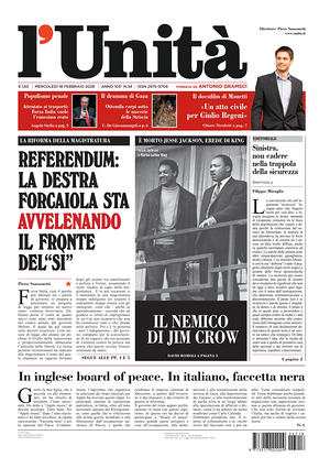 Prima pagina L'Unità di oggi - Quotidiano nazionale