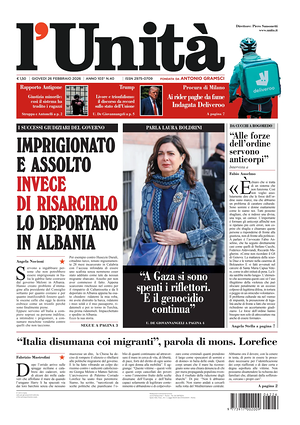 Prima pagina L'Unità di oggi - Quotidiano nazionale