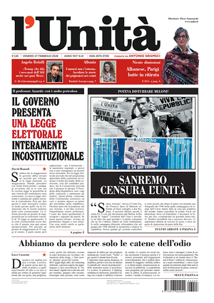 Prima pagina L'Unità di oggi - Quotidiano nazionale