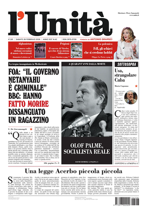 Prima pagina L'Unità di oggi - Quotidiano nazionale