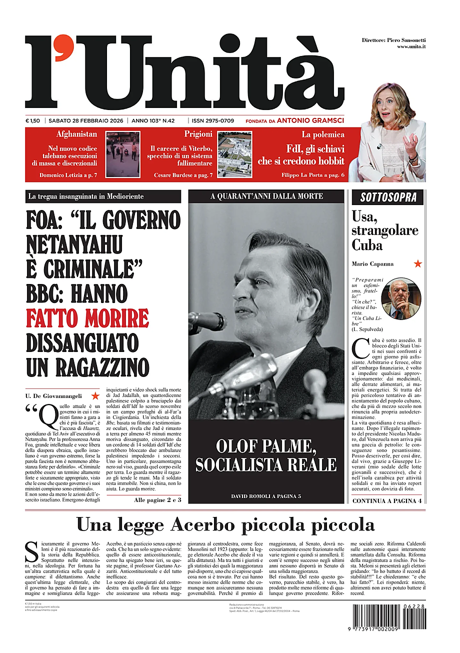 Prima pagina L'Unità di oggi - Edicola 28 Febbraio 2026