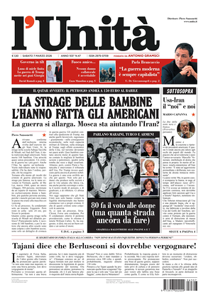 Prima pagina L'Unità di oggi - Quotidiano nazionale