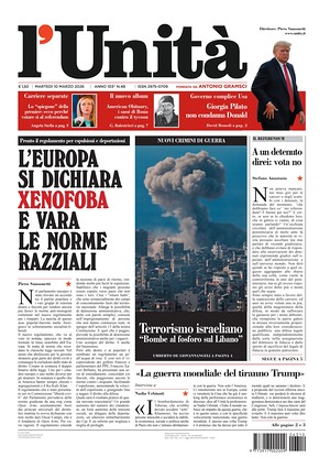Prima pagina L'Unità di oggi - Quotidiano nazionale