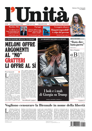 Prima pagina L'Unità di oggi - Quotidiano nazionale