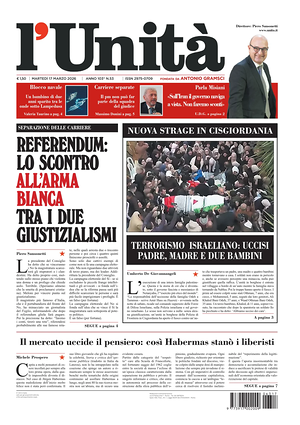 Prima pagina L'Unità di oggi - Quotidiano nazionale