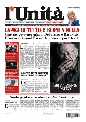 Prima pagina L'Unità di oggi - Quotidiano nazionale