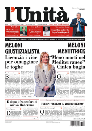 Prima pagina L'Unità di oggi - Quotidiano nazionale