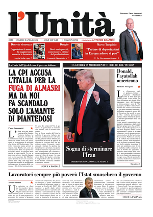 Prima pagina L'Unità di oggi - Quotidiano nazionale