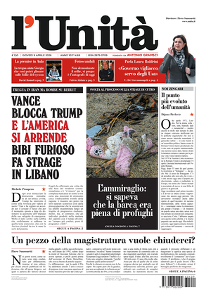 Prima pagina L'Unità di oggi - Quotidiano nazionale