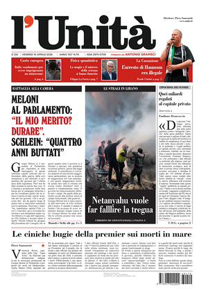 Prima pagina L'Unità di oggi - Quotidiano nazionale