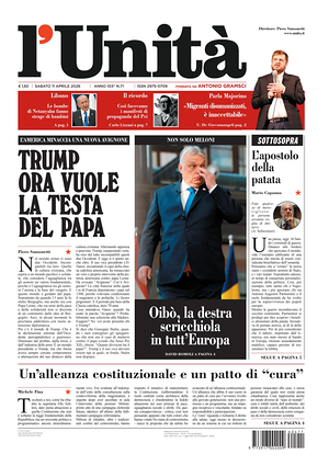 Prima pagina L'Unità di oggi - Quotidiano nazionale