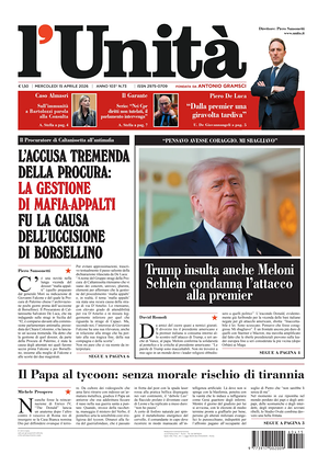 Prima pagina L'Unità di oggi - Quotidiano nazionale