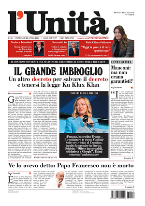 Prima pagina L'Unità di oggi - Quotidiano nazionale