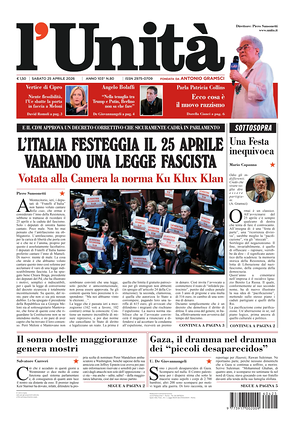 Prima pagina L'Unità di oggi - Quotidiano nazionale