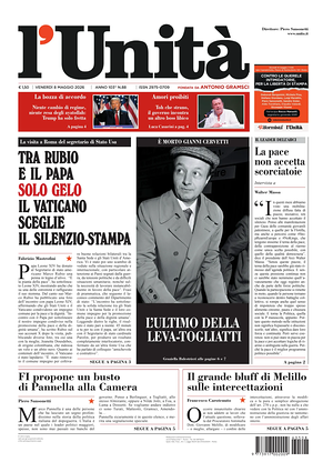 Prima pagina L'Unità di oggi - Quotidiano nazionale
